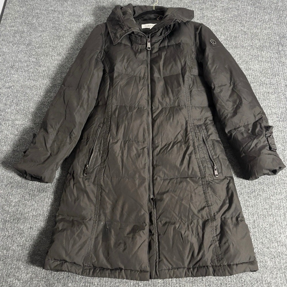 Calvin Klein Puffer Coat Women M Brown Quilted Hooded Parka Snakeskin Lining